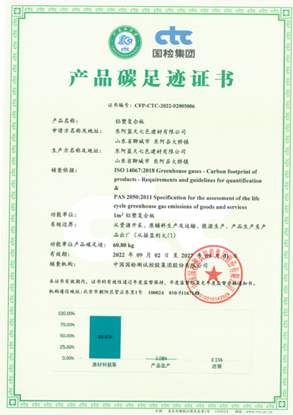 铝塑复合板  产品碳足迹证书
